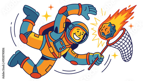 Astronaut catching flaming meteorite with a net in space. Cosmic adventure, space exploration cartoon illustration.