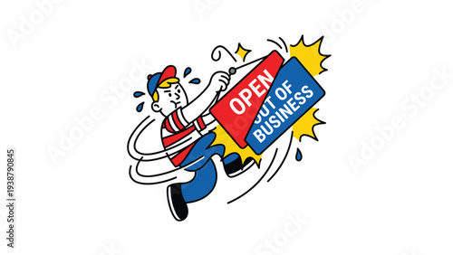 Stressed cartoon character rapidly flipping 'Open' to 'Out of Business' sign, illustrating business closure and economic struggle