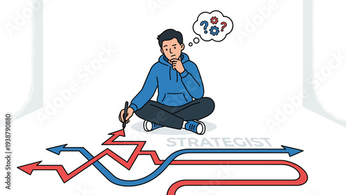 Strategist mapping complex decision paths, contemplating future choices. Problem-solving and strategic planning concept.
