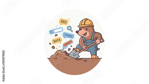 Adorable mole character in hard hat digging for digital data, SEO keywords, and market trends. Data analysis and research concept.