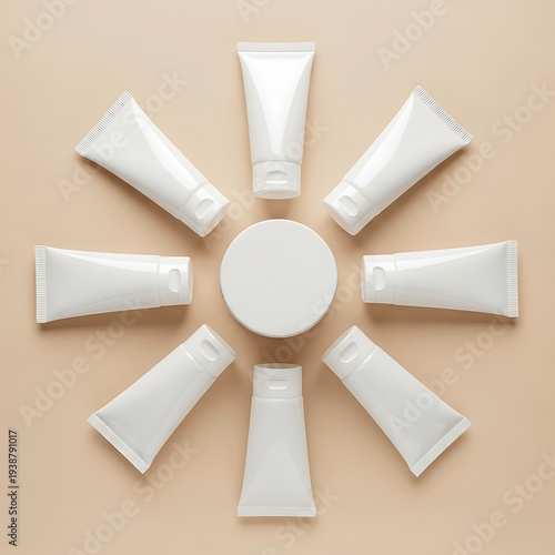 Top View White Cosmetic Packaging Mockup on Beige - Blank Plastic Tubes & Jar Flat Lay for Skincare Branding & Design