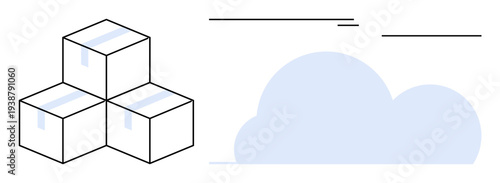 Three stacked shipping boxes with sealed tape alongside a minimal cloud shape. Ideal for logistics, e-commerce, supply chain, cloud computing, packaging, delivery, data storage. Simple flat metaphor
