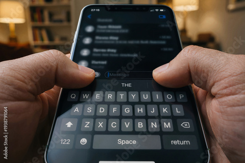 Person typing a message on a smartphone keyboard at home in the evening. Close up view of hands using a mobile phone for texting, chatting, and communication, showing modern digital life and messaging