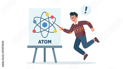 Enthusiastic Man Explaining Atom Diagram on Whiteboard, Science Education & Discovery Concept