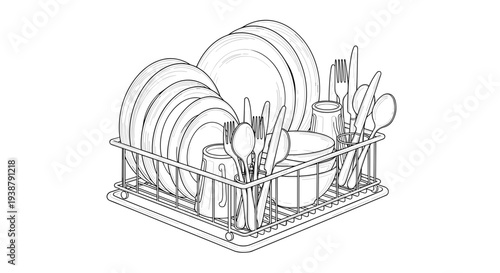 Clean kitchen dishes drying in a rack including plates bowls and cutlery after washing symbolizing cleanliness