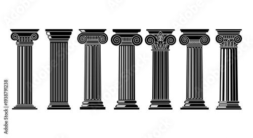 Collection of ancient greek ionic and corinthian architectural columns in black and white representing history strength