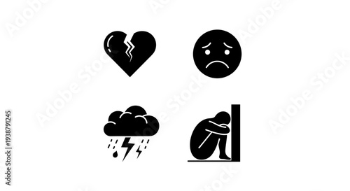 Set of four black icons representing negative emotions broken heart sad face stormy weather with lightning and a person