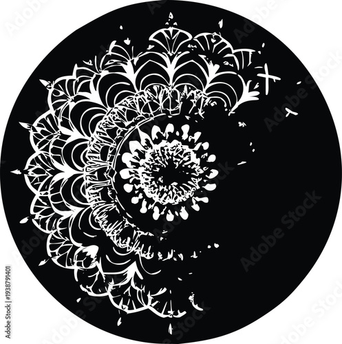 Abstract Distressed Mandala Silhouette on Black Circle Background with Grunge Texture
