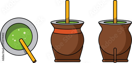 Traditional mate tea gourd set with bombilla straw, top and side views, flat vector illustration of yerba mate drink isolated on white background