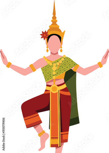 Traditional Thai classical dancer performing cultural dance in ornate costume, elegant Asian heritage performance, graceful movement, festival celebration, traditional art illustration isolated