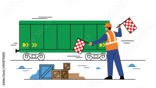 Railway Worker Signaling Freight Train with Flags for Cargo Logistics