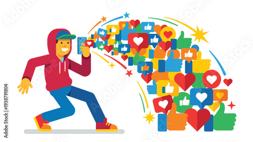 Youth creating viral social media content with smartphone, generating likes, hearts, and stars. Digital engagement concept.