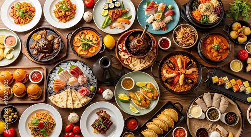 A large variety of international dishes and foods arranged on a wooden table for a buffet or feast