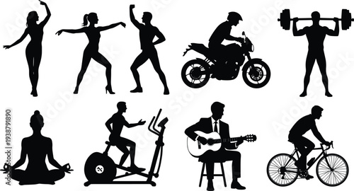 People Silhouette Collection with Fitness, Dance, Music and Sports Activities, Black and White Active Lifestyle Vector Illustration Set Isolated on White Background