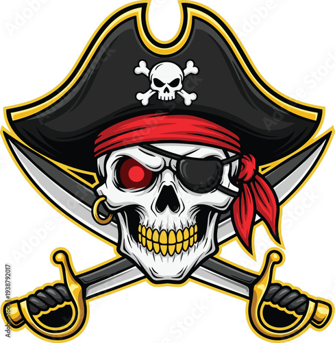 Vector illustration of a fierce pirate skull wearing a captain hat and red bandana with crossed swords and eye patch for gaming logos