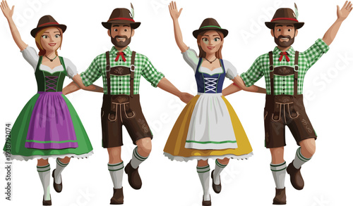 Vector illustration of happy German couples in traditional Bavarian outfits including dirndl and lederhosen dancing for Oktoberfest festival celebration and cultural tourism branding