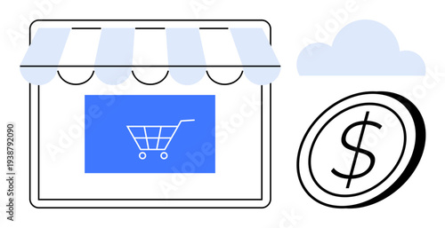 E-commerce, online shopping, digital transactions, cloud computing, financial services, retail. Storefront with cart icon, dollar coin and cloud. Online shopping and digital transactions concept