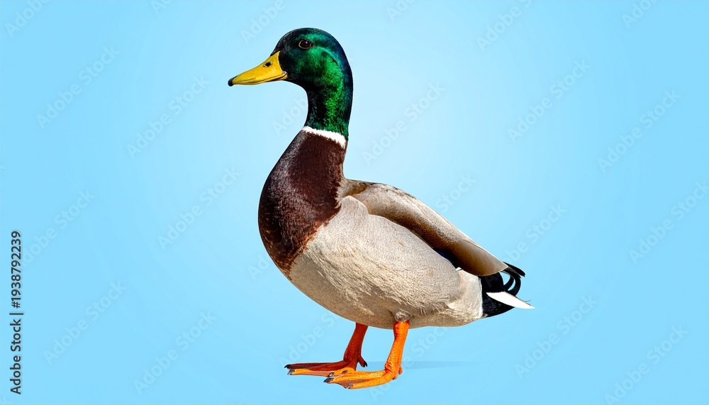 Fototapeta premium Striking full-body view of a male mallard duck, featuring its brilliant green head and brown body, standing gracefully against a clean light blue background