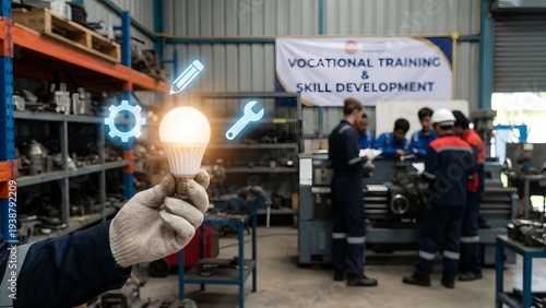 Image capturing the scene of vocational training and skill development with a light bulb in front of it