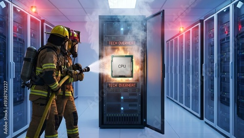 Firefighters extinguishing a fire in a data center, focusing on a CPU