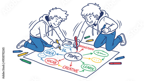Two young people actively mind mapping a topic, brainstorming ideas for creative learning and collaboration