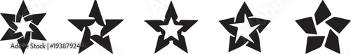 Set of Five Abstract Geometric Star Icons and Minimalist Vector Logotypes with Rotating Interlocking Elements