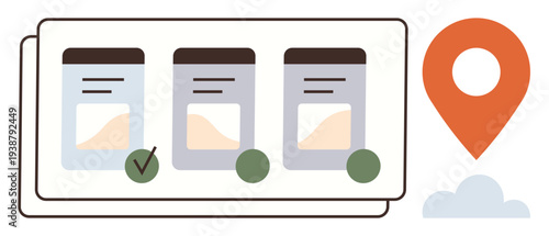 Navigation, data processing, location services, activity tracking, workflow monitoring, geo-tagging. Three cards with icons, map marker and abstract shapes. Navigation and data processing