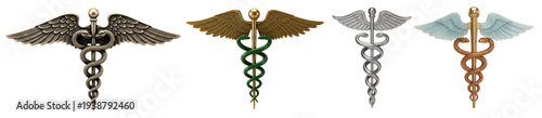 Photos a realistic raster photograph showing four distinct caduceus symbols, representing medicine, healing, and healthcare professions