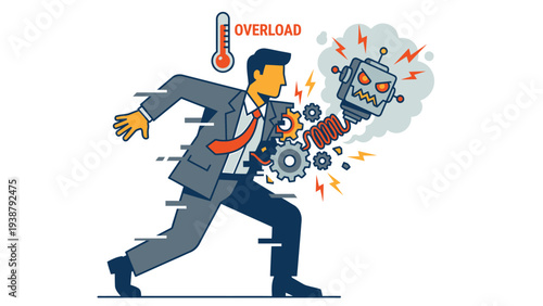 Businessman Overloaded by Technology and Work Stress, Experiencing Burnout and Pressure
