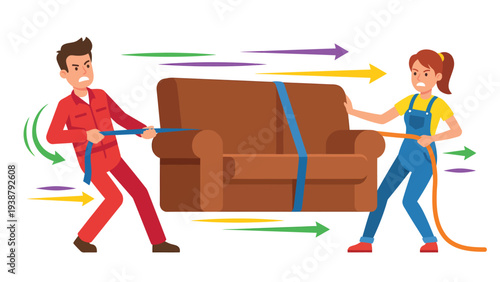 Man and woman in a tug-of-war over a sofa, illustrating conflict and disagreement in moving furniture