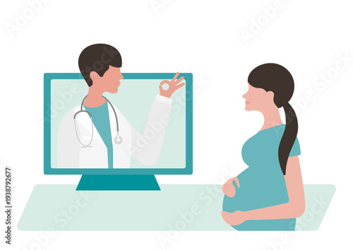 OKサインの医師と妊婦のオンライン診療のベクターイラスト素材