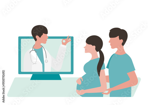 OKサインの医師と夫婦のオンライン診療のベクターイラスト素材