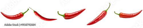 Schilderij op canvas realistic photographs showcasing vibrant red chili peppers in various orientations, isolated against a dark background