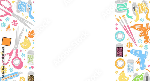 Playful Easter vector background with crafting supplies, cute chicks, and colorful decorations, ideal for spring projects, DIY designs, and festive celebrations.