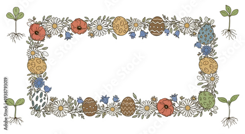 Festive Easter vector frame with colorful eggs, delicate flowers, and sprouting plants, creating a vibrant spring border for seasonal designs and celebrations.