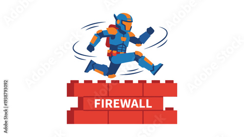 Cybersecurity Warrior Jumping Firewall. Digital Protection, Data Security, and Overcoming Online Barriers.