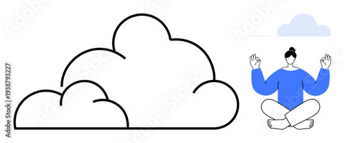 Mental clarity, mindfulness apps, wellness, meditation, self-care, introspection. Man sitting cross-legged in meditation near stylized clouds. Meditation and mindfulness concept in relaxing visuals