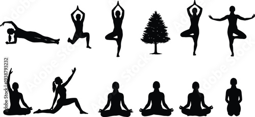 Yoga pose silhouettes, meditation exercise icons, wellness balance design, mindfulness illustration, fitness posture, nature harmony, relaxation, spiritual practice symbols