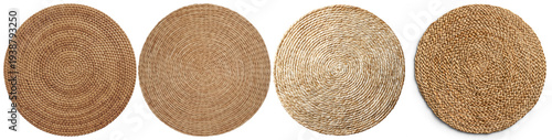 Obraz na płótnie four distinct round woven table mats, crafted from natural materials, exhibiting various textures and intricate spiral patterns