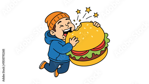 Happy Cartoon Kid Eating Huge Burger with Great Enthusiasm, Delicious Fast Food Moment