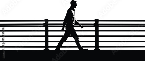 Man Walking on Bridge Silhouette Side View Minimal Black Icon of Male Pedestrian Crossing Urban Railing Walkway Isolated Vector Illustration for Travel Lifestyle Design
