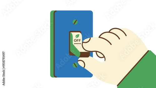 Hand turning off light switch with green leaf. Energy saving, eco-friendly, and sustainability concept illustration.
