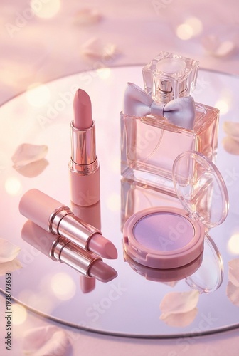 Elegant Pink Makeup Cosmetics Set with Lipstick Perfume and Powder on Mirror Background