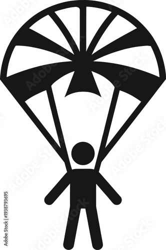 Parachuting Person Silhouette Icon with Parachute Canopy, Skydiving Adventure Symbol for Extreme Sports, Airborne Recreation, and Outdoor Activity Vector Illustration