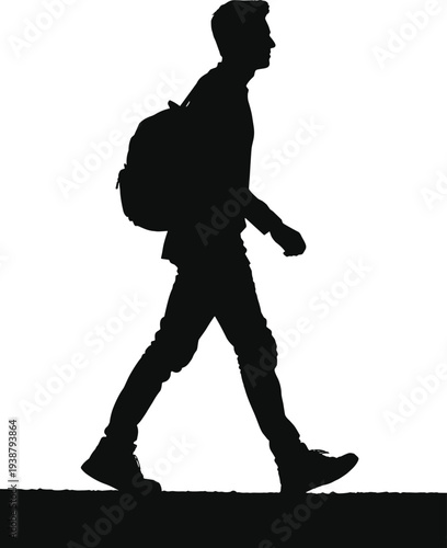 Silhouette of walking man with backpack isolated on white background, traveler or student pedestrian walking side view, minimal black shadow illustration for travel lifestyle concept