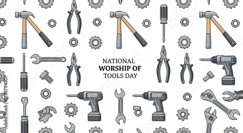 Flat lay illustration of various mechanical tools and equipment celebrating National Worship of Tools Day with a workshop environment and assortment of handyman tools on a white background.