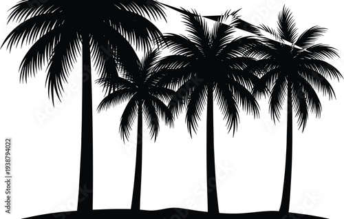Tropical palm trees silhouette vector illustration with black coconut palms isolated on white background, exotic summer beach landscape design element for travel, nature, island theme