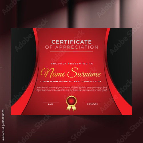 certificate, appreciation, award, template, design, red, black, gold, modern, elegant, achievement, recognition, diploma, success, honor, formal, official, professional, celebration, corporate, event,