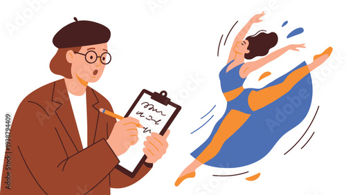 Artist Observes Dynamic Dancer s Performance and Takes Notes for Creative Work