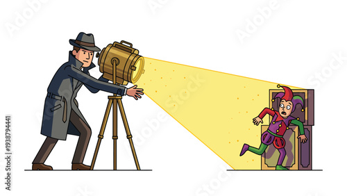 Detective Shines Spotlight on Escaping Jester from Box Mystery Crime Entertainment Concept